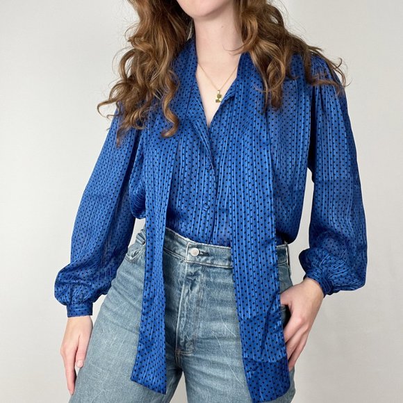 Vintage Parisian Pussy Bow Button Up Shirt Preppy Mid Century Modern MCM Blouse - Picture 8 of 8